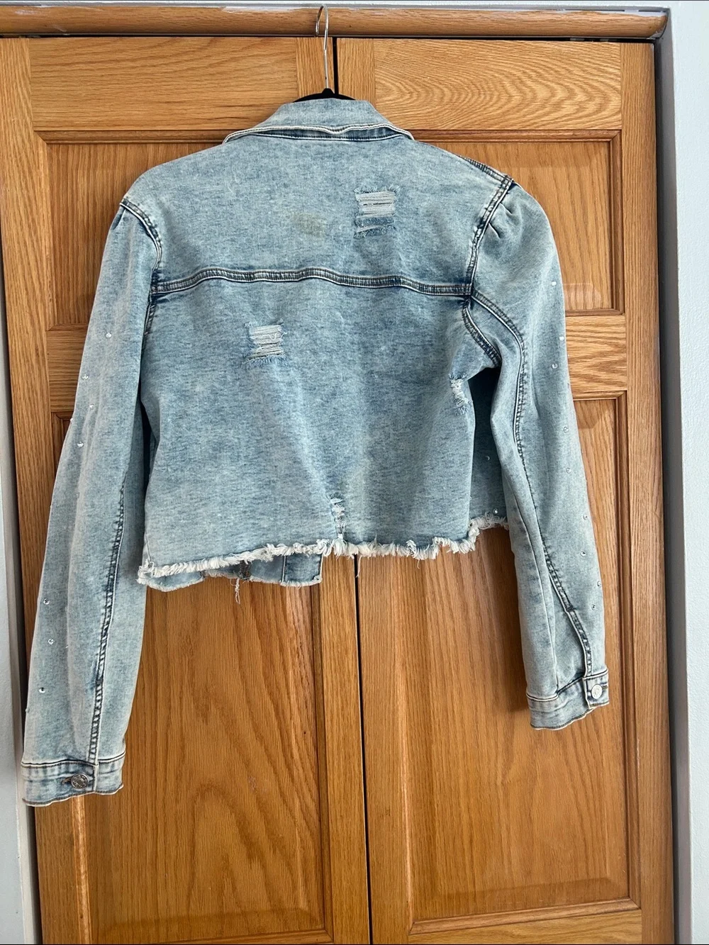 Light Blue Distressed Cropped Denim Jacket - Women
